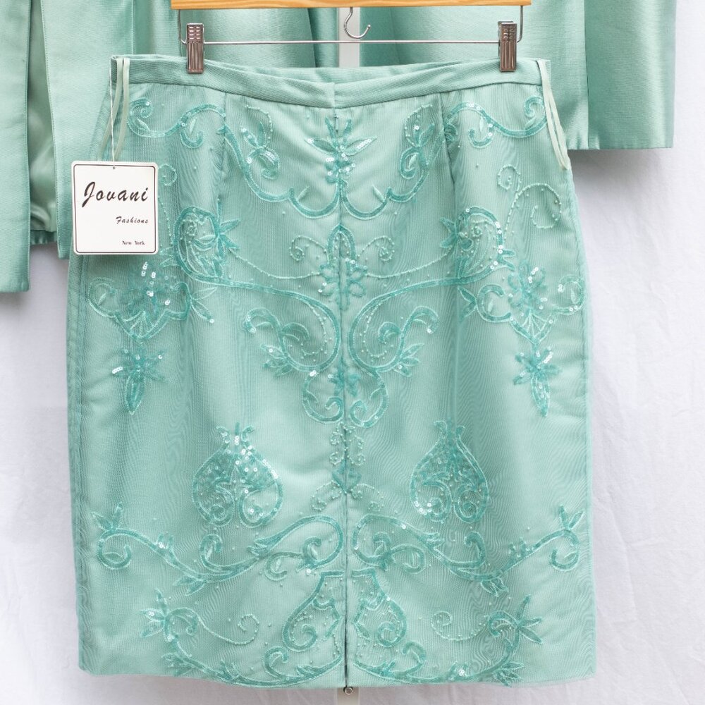 Jovani NY 3 Pc‎ Silk Wool Set 18M Aquamarine Blazer Tank Lace Skirt Beaded NWT - Picture 7 of 16